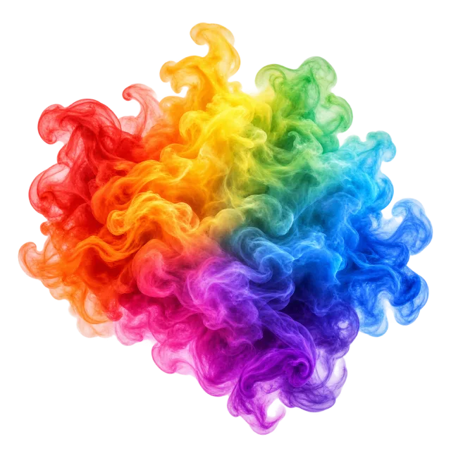 Broad billowing smoke cloud blending red, orange, yellow, green, blue and purple