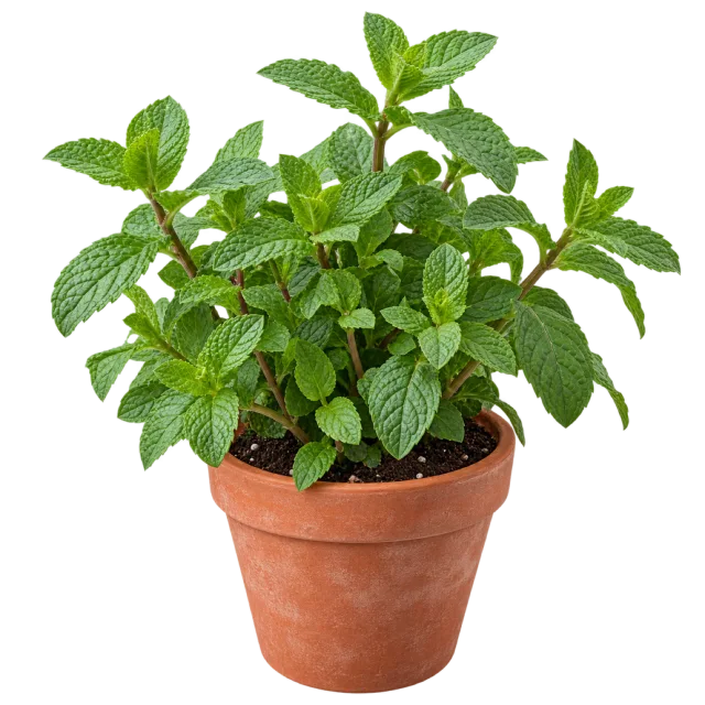 Green mint plant with textured serrated leaves in a terracotta pot