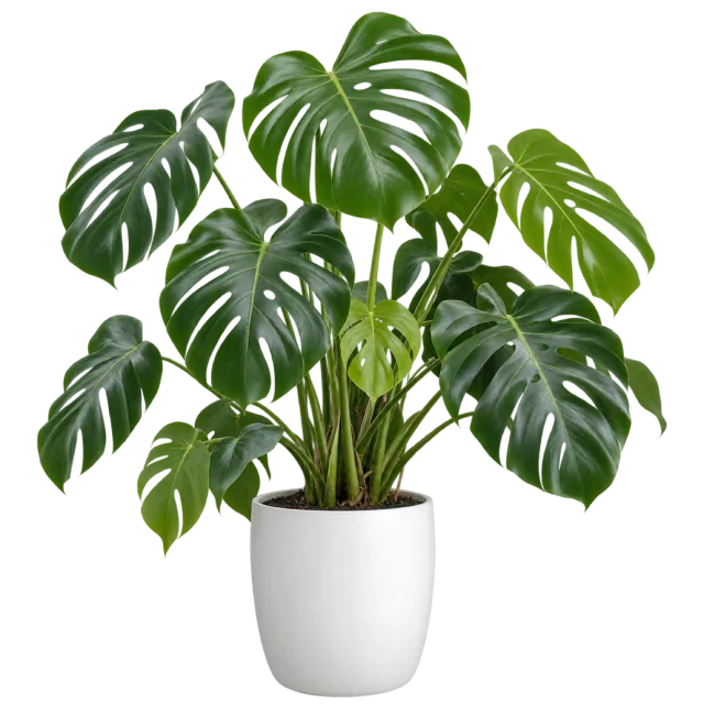 Large monstera with glossy split green leaves in a plain white pot