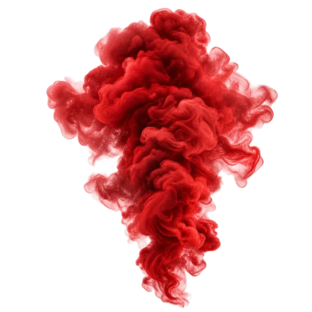 Dense crimson smoke plume with billowing folds and a narrow trailing base