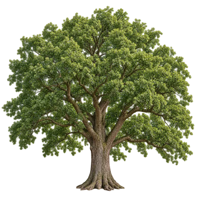 Mature oak with a wide leafy canopy, thick trunk and spreading roots